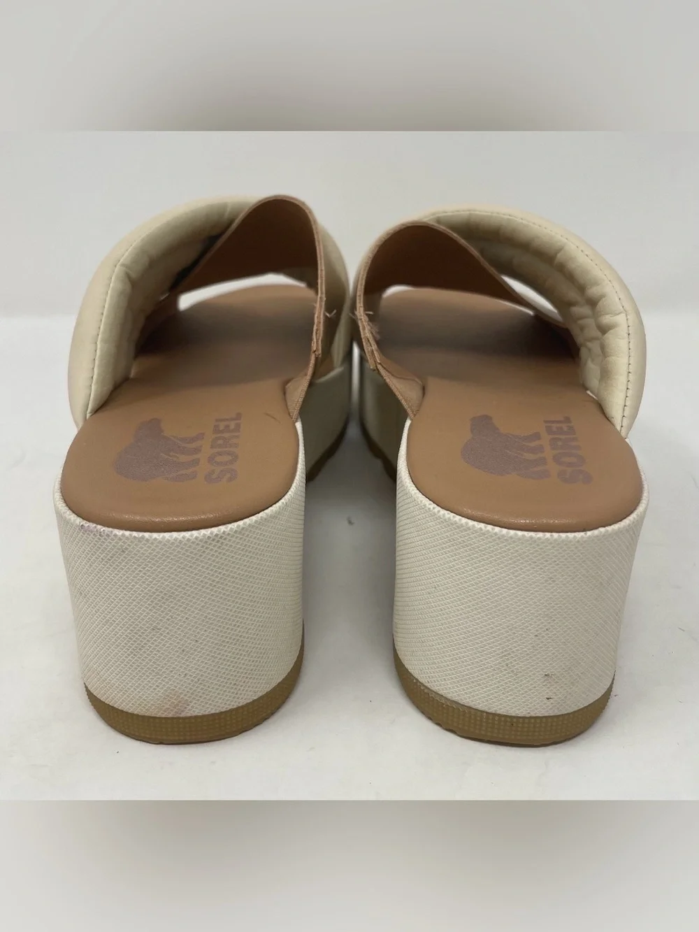 Sorel Cream and Tan Padded Platform Slide Wedge Sandal Size 6.5